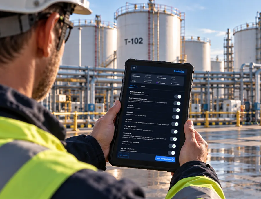 Tankbase checklist workflow shown on an iPad at a tank terminal